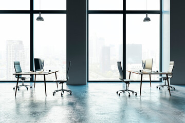 Poster - Bright office interior with furniture, panoramic windows with city view, concrete walls. 3D Rendering.