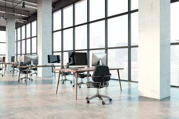 Poster - Simple office interior with furniture, panoramic windows with city view, concrete walls. 3D Rendering.