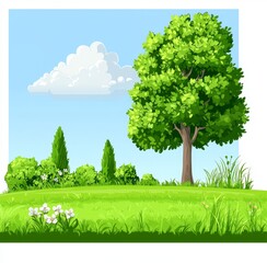 Stylish flat illustration with a group of trees on a hill. Colorful flat design element. Isolated on white.