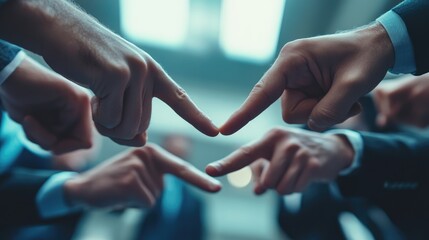 Close-up of business fingers touching points, framed full frame to represent collaboration and professional unity