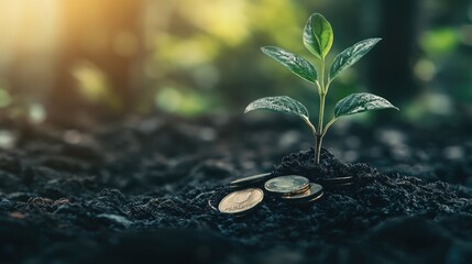 Coins forming a base for a sprouting plant, highlighting the benefits of saving and financial growth