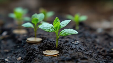 Coins forming a base for a vibrant green plant, representing the growth of savings and investments