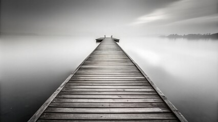 A black and white long exposure photograph capturing the serene atmosphere of a foggy wooden pier extending into a calm lake with leading lines created by the pier s structure