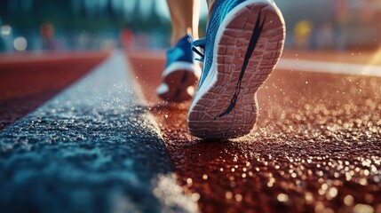 Detailed close-up of a runners shoes in motion, emphasizing high detail in tread and track surface interaction