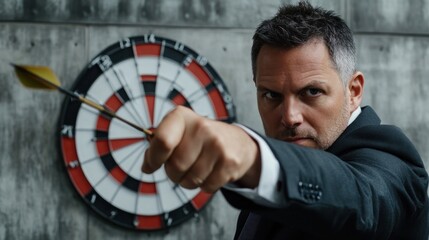 A man in a suit aiming a dart at a dartboard, showcasing focus and precision.