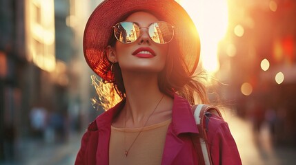 Fashionable woman in a stylish urban outfit walking through a city street, sunset lighting, modern fashion trends, vibrant colors, high-resolution detail, chic and sophisticated look