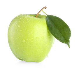 Wall Mural - One fresh apple with green leaf and water drops isolated on white