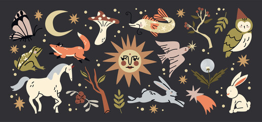 mystical stickers of forest animals, plants, moon, sun. folklore fairy tale motifs, magical mysterio