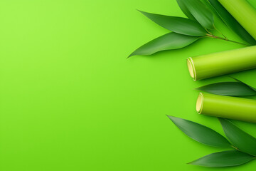 Wall Mural - Vibrant bamboo and leaves on a bright green background in a minimalist design setup
