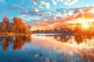 Poster - The sun sets in a blaze of color, casting a warm glow over the lake as trees mirror the vibrant autumn hues in the still water. Generative AI