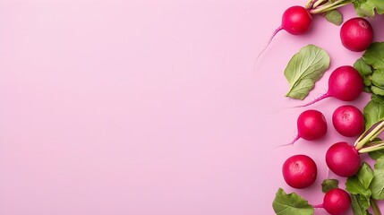 Wall Mural - Vibrant Red Radishes on Lavender Background - Fresh Produce Arrangement for Culinary and Food Photography