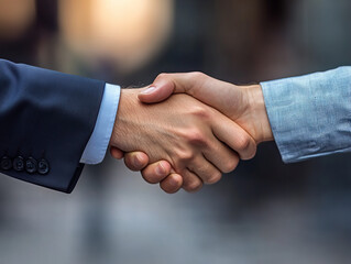 Two professionals shake hands in a business setting during a sunny day, emphasizing collaboration and agreement