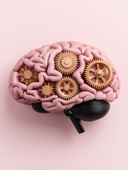 Brain model with gears symbolizing thoughts, pink and gold, isolated on light background.