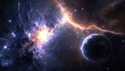 Canvas Print - A breathtaking view of a colorful nebula with a planet in the foreground, showcasing the dazzling beauty and vastness of the cosmos and celestial wonders.