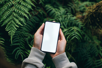 Mockup, hands holding a smartphone outdoors. Hands and phone with mockup screen in social media, texting or chatting, posting pictures in travel, journey or trip in nature