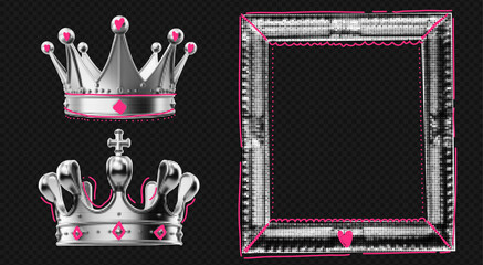 Aufkleber - Silver glitter collage photo frame template with a transparent crown set. Retro scrapbook layout featuring a doodle elements.
