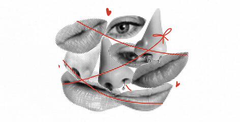 Wall Mural - collage halftone banner with linked mouth, nose, lips, and eye. retro pop art poster with punk eleme