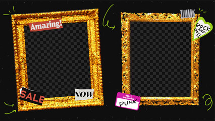 Aufkleber - Transparent photo frame and sticker vector template. Collage set with glitter and gold border.  Grunge texture and digital grid overlay.