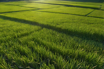 Aerial view of step rice farm field green grass ground texture pattern public hill park with blue sky background in concept of freshness, growth, environment ecology and sustainablility