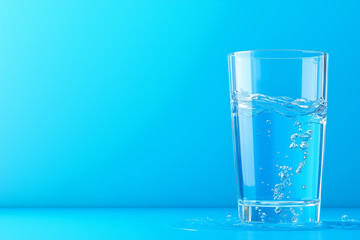 A clear glass filled with water and bubbles against a vibrant blue background