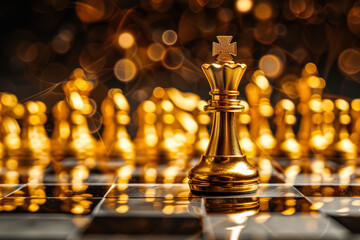 Golden chess piece is on a board with other pieces. Scene is serious and focused, as the chess piece is the main subject and the other pieces are arranged around it. Concept of a strategic game