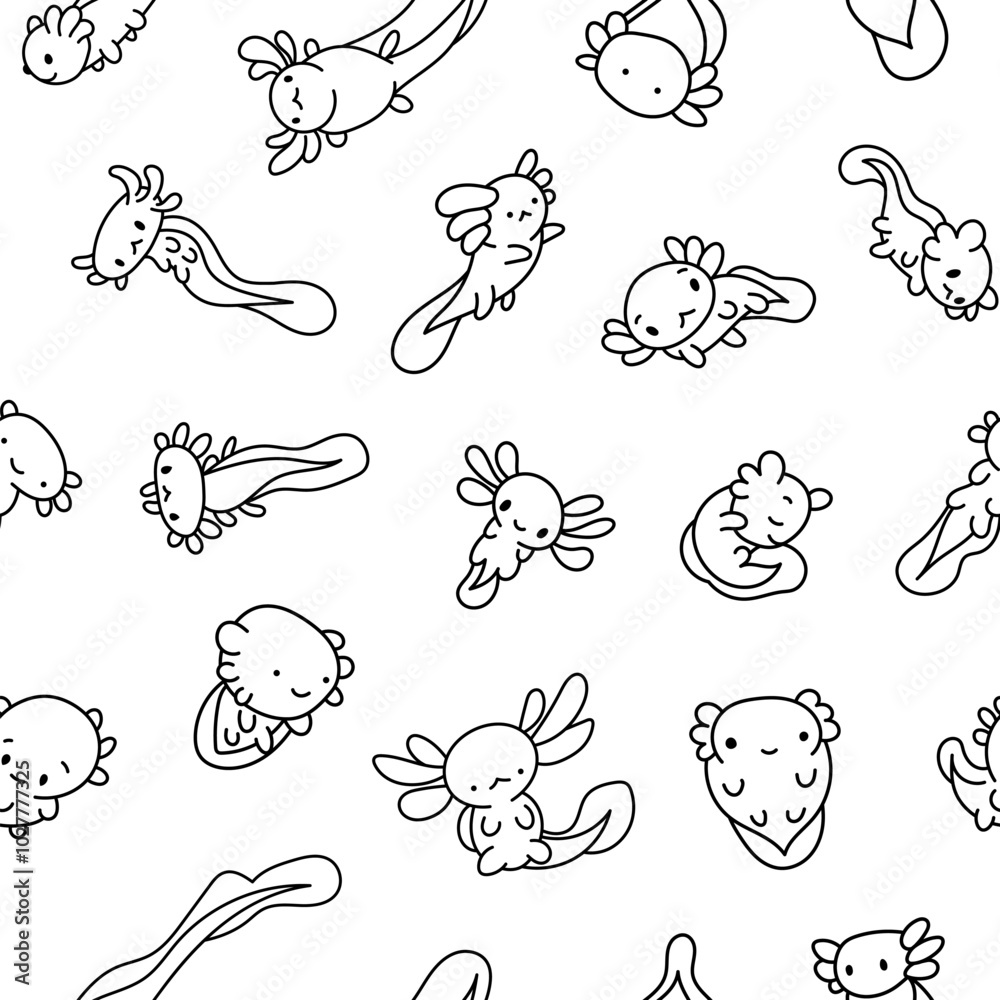 Cute axolotl character. Seamless pattern. Coloring Page. Kawaii