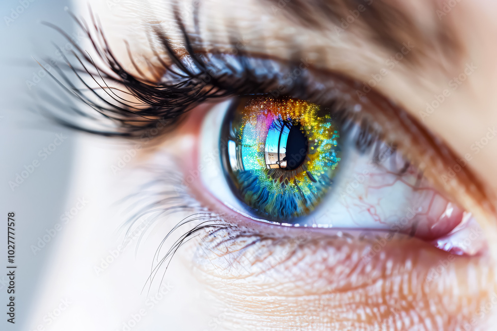 Woman's eye with a rainbow colored iris. The eye is surrounded by a ...