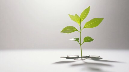 A small plant growing from a stack of coins, symbolizing growth and investment.