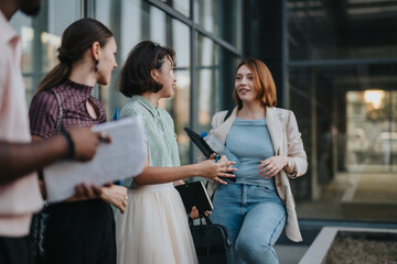 Wall Mural - A group of young business people conversing outside a modern office building, sharing ideas and enjoying the evening ambiance. A relaxed and collaborative atmosphere is evident.