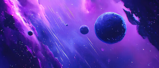 Wall Mural - a captivating space-themed digital artwork showcases vivid planets dispersed across a purple nebula 