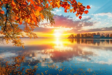 Sticker - Golden and orange hues illuminate the sky above a tranquil lake, with reflections capturing the beauty of autumn during sunset. Generative AI