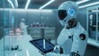 © nikomsolftwaer - Robot with a tablet in a high-tech research lab, overseeing real-time data and digital tools