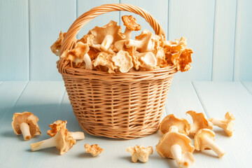 Wicker basket filled with orange chanterelle mushrooms