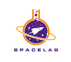 Poster - Galaxy space icon with rocket ship inside circular laboratory beaker with orbit, planets and stars. Isolated vector futuristic emblem conveying innovation, travel, exploration and technology progress