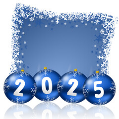 Aufkleber - New Year 2025 illustration with Christmas balls and snowflakes on blue background. Winter concept greeting card.