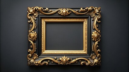 Mockup of a symmetrical black and gold picture frame ideal for displaying art, picture frame,mockup, black, display, art