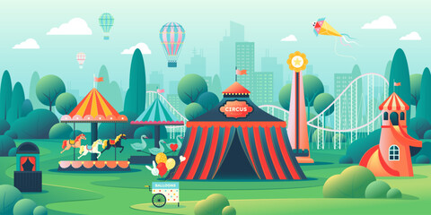 Carnival park. Circus fair. Ferris wheel. Hot air balloon. Fun city landscape. Children rollercoaster and carousel. Merry-go-round attraction. Amusement fairground. Vector background