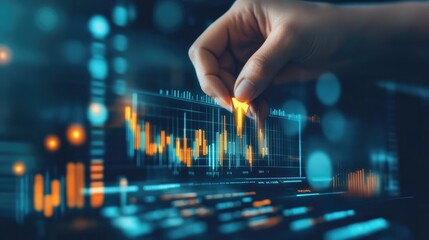 Poster - Business person hand adjusting an upward arrow on a digital financial projection