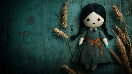 Vintage Rag Doll with Wheat on Rustic Teal Wood Background