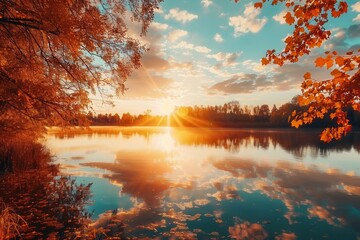 Poster - A stunning autumn sunset paints the sky with vivid colors, casting warm reflections on the calm water below as nature transitions. Generative AI