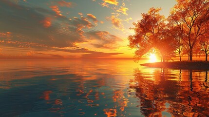 Aufkleber - As the sun sets, the sky bursts with vibrant autumn colors, casting reflections on the calm water, creating a serene atmosphere. Generative AI