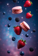© ZaStock - Bright red strawberries and pastel macarons float in a vibrant cosmic setting, creating a playful and artistic dessert composition that captivates the eye
