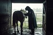 © Alexandra - Farmer wearing a raincoat is comforting a horse inside a barn during a heavy rainstorm