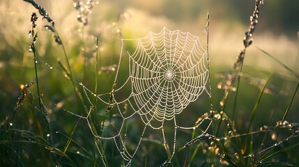 A dew-covered spider web hanging in the air, surrounded by lush green grass and morning mist