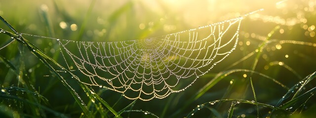 A dew-covered spider web hanging in the air, surrounded by lush green grass and morning mist