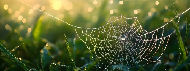 A dew-covered spider web hanging in the air, surrounded by lush green grass and morning mist