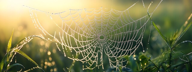A dew-covered spider web hanging in the air, surrounded by lush green grass and morning mist