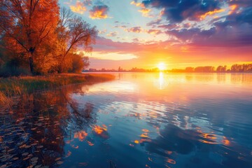Poster - Golden hues blend into vibrant colors as the sun sets over the lake, casting beautiful reflections on the calm water surrounded by autumn trees. Generative AI