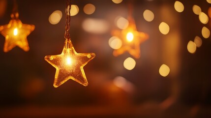 Poster - Close-up of illuminated golden star Christmas lights with a soft blurred background. Seasonal warmth and cheer.