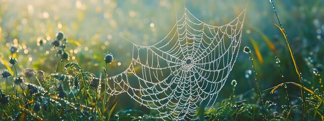 A dew-covered spider web hanging in the air, surrounded by lush green grass and morning mist